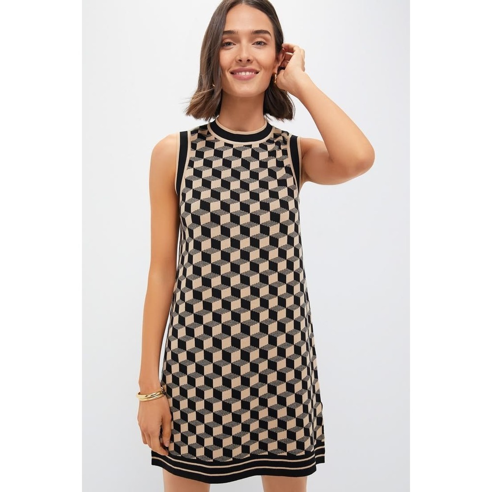 Tuckernuck Marie Dress Womens Small Tan Black Geometric Sleeveless Knit Shift
